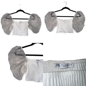 Zara White Top with Sheer Puff Sleeves
